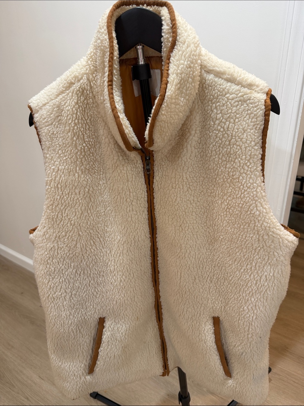 Old Navy Cream Sherpa Vest with Brown Trim